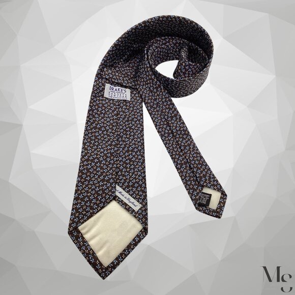 DRAKES Brown Leaf Print Silk Tie Hand Made In England 59”-3.5" EX COND - Picture 2 of 5